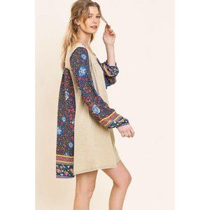Umgee Long Puff Sleeve Floral Print Dress Medium